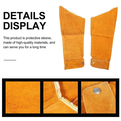 Pro Level Heavy Duty Cowhide Leather Arm Sleeves Heat Resistant Double Layer Welding Oversleeves Yellow Guard detail view and stitching.