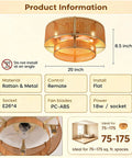 FUMLTP Boho Caged Ceiling Fans with Lights, Remote Control, Flush Mount, 20 inch rattan and metal design, 8.5 inch height for flat installation.