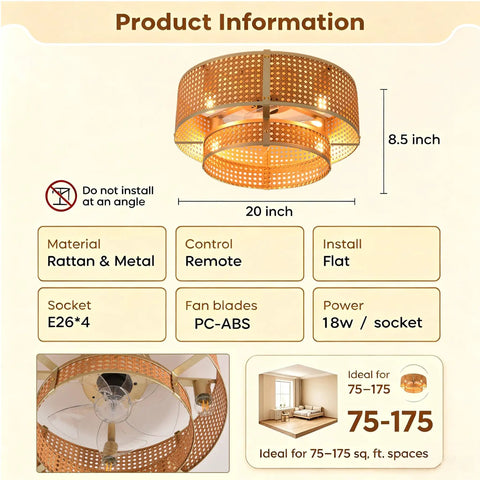 FUMLTP Boho Caged Ceiling Fans with Lights, Remote Control, Flush Mount, 20 inch rattan and metal design, 8.5 inch height for flat installation.