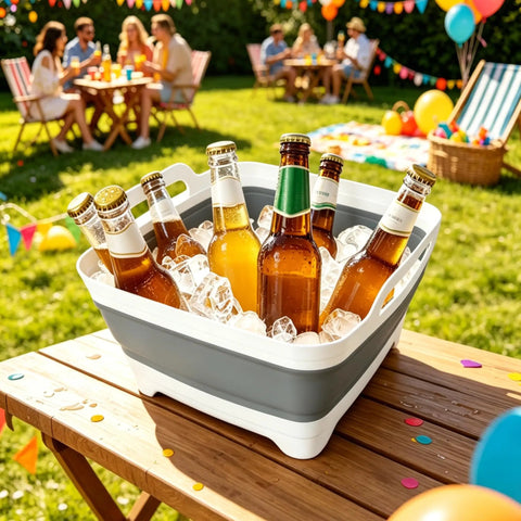 Collapsible Dish Basin With Drain Plug 2.4 Gal Foldable Sink for Kitchen RV Camping holding ice and drinks at outdoor party in gray.