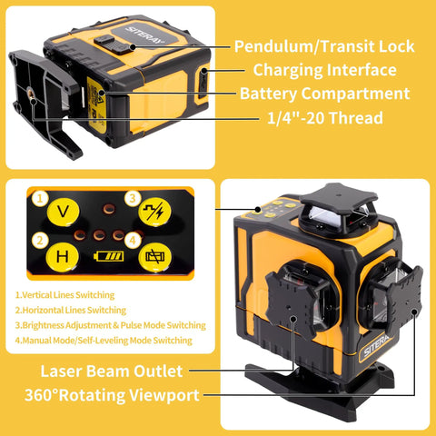 Straight Shooter Self Leveling Green Laser Level, 4X360 Layout Tool with Magnetic Stand and Remote, showing controls and features.