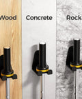 Ultimate Space Saving Barbell Wall Mount Rack For Garage And Home Gym, Vertical Steel Bar Holder on wood, concrete, and rock surfaces