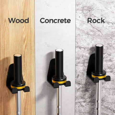 Ultimate Space Saving Barbell Wall Mount Rack For Garage And Home Gym, Vertical Steel Bar Holder on wood, concrete, and rock surfaces