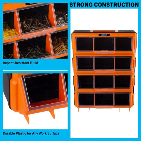 Hella Spacious Plastic Storage Drawers Heavy Duty Small Parts Organizer For Garage Workshop 12 Drawer Bins Sorter, orange bins with screws.