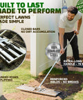 Man using Pro Grade Stainless Lawn Leveling Rake 30 Inch Heavy Duty Ground Leveler on grass, showcasing features and stainless steel build.