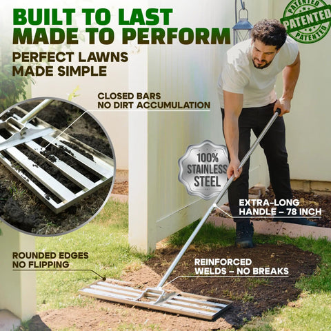 Man using Pro Grade Stainless Lawn Leveling Rake 30 Inch Heavy Duty Ground Leveler on grass, showcasing features and stainless steel build.