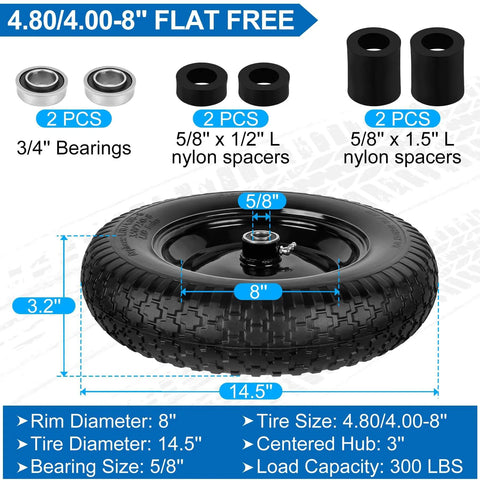 Flat Free Wheelbarrow Tires And Wheels 14.5 Inch Universal Fit Solid Tires For 5/8 Inch Or 3/4 Inch Bearings shown with spacers