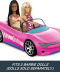 Remote Control Pink Convertible RC Toy Car With Dual Driving Modes For Storytelling Or Fast Action, Fits Two Fashion Dolls, Hidden Trunk Opens For Storage, Includes Customization Sticker Sheet For Personalizing The Ride, with seated dolls.