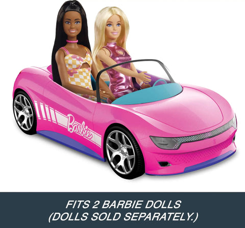Remote Control Pink Convertible RC Toy Car With Dual Driving Modes For Storytelling Or Fast Action, Fits Two Fashion Dolls, Hidden Trunk Opens For Storage, Includes Customization Sticker Sheet For Personalizing The Ride, with seated dolls.