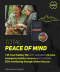 Couple using Bivy Stick Mesh Satellite Communicator Go Anywhere With LoRa Enabled Mesh And Global Iridium Coverage Two Way SMS GPS Tracker Group Messaging SOS Emergency And 24 Hour Reserve Battery For iOS And Android on camping trip, with SOS screen visible on phone.