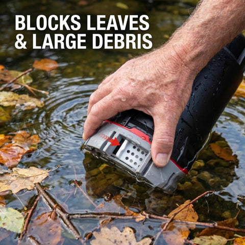 Heavy Duty Submersible Water Pump With 4600 GPH Flow Rate And Built In Filter Base for quick drainage, shown blocking leaves and debris.