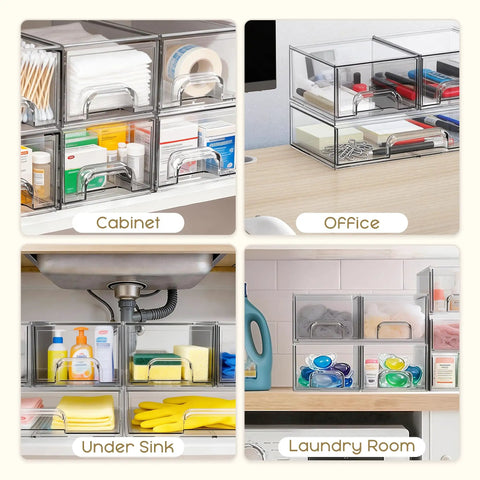 3 Pack Clear Acrylic Stackable Storage Drawers For Makeup And Bathroom Organizer in various settings organizing essentials.