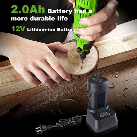Straight Up Powerhouse 12V Cordless Rotary Tool With Keyless Chuck And Flex Shaft, 6 Speed Grinder Hits Up To 32000Rpm, 119 Piece Accessory Kit For Wood Carving And Cutting, Includes Solid Battery And Charger, showing 12V lithium-ion battery and tool drilling into wood.