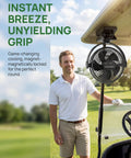 8 Inch Magnetic Clip On Fan For Golf Cart With 12000mAh Battery, Portable Fan with 5 Speeds and LED Lantern installed on golf cart