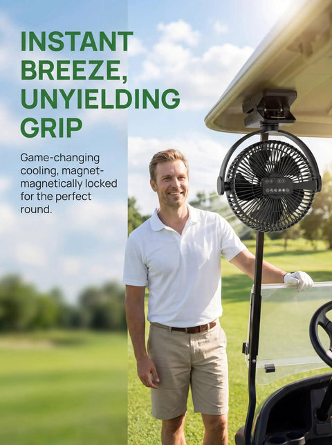8 Inch Magnetic Clip On Fan For Golf Cart With 12000mAh Battery, Portable Fan with 5 Speeds and LED Lantern installed on golf cart