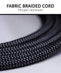 Close-up of black fabric braided cord from 3 Outlet Power Strip With 15 Ft Braided Cord Flat Plug 250 Joules Surge Protector UL Listed