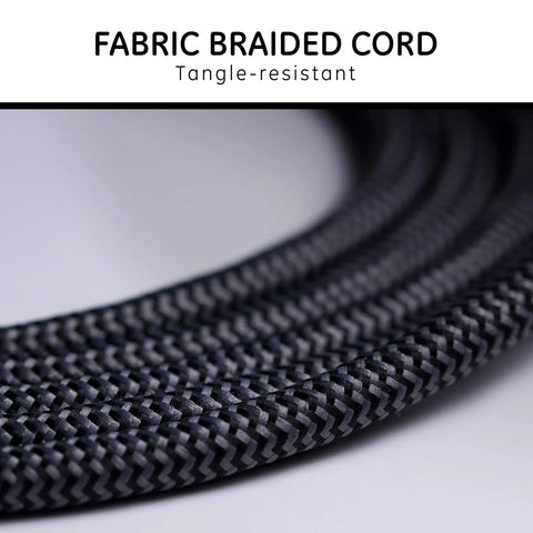 Close-up of black fabric braided cord from 3 Outlet Power Strip With 15 Ft Braided Cord Flat Plug 250 Joules Surge Protector UL Listed