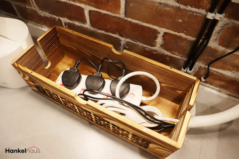 Large Wooden Cable Management Box For Home And Office, Pine wood box with power strips and cables concealed, under desk setup.
