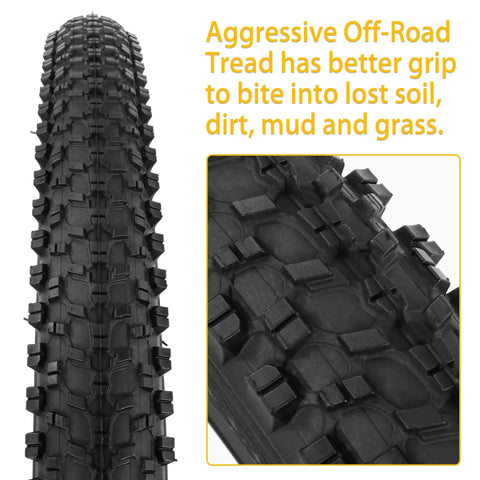 Close-up of 24x1.95 Folding Mountain Bike Tires With Levers And Liners Replacement MTB Tires For Off Road Riding Puncture Resistant Durable 24 Inch Tire tread detail showcasing aggressive off-road grip.
