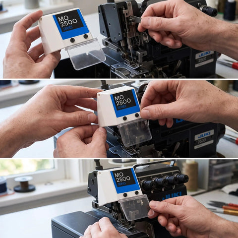 Hands installing Clear View Eye Guard Shield For 2500 And 6700 Overlock Machines on a sewing machine.