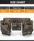 Heavy Duty Camo Tool Belt Set With Adjustable Pouches For Electricians And Carpenters size chart showing pocket dimensions and waist size.