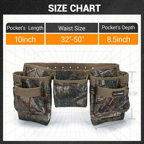 Heavy Duty Camo Tool Belt Set With Adjustable Pouches For Electricians And Carpenters size chart showing pocket dimensions and waist size.