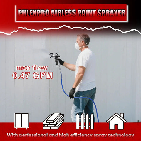 Man using Professional Airless Paint Sprayer Pumping 3300 Psi And 0.47 GPM Flow Rate to spray a fence.