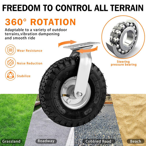 Heavy Duty Pneumatic Casters 10 Inch 4 Pack With 2 Swivel And 2 Rigids, 1200 Lbs Capacity, Rubber Wheel showing 360-degree rotation