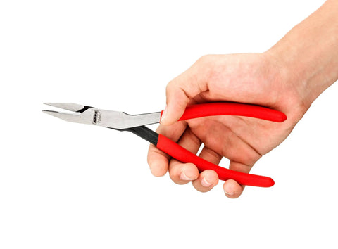 Hand holding 8 Inch Flat Nose Duck Bill Pliers With Cross Cut Teeth For Superior Grip In Tight Hard To Reach Narrow Spaces