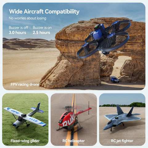 Multiple drones in various landscapes showcasing Lightweight FPV Drone GPS Tracker With Beeper And Buzzer RID Module FAA Compliant Remote ID.