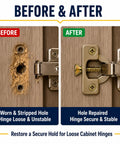 Before and after using 6x14mm Short Expansion Screw Set For Stripped Cabinet Hinge Holes 100 Pack Repair Kit with anchors and screws