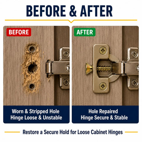 Before and after using 6x14mm Short Expansion Screw Set For Stripped Cabinet Hinge Holes 100 Pack Repair Kit with anchors and screws