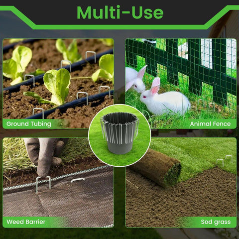 Multi-use guide for 200 Pack 6 Inch U Shaped Landscape Staples With Hook 11 Gauge Heavy Duty Galvanized Garden Stakes.