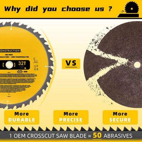 Comparison of upgraded 2 pack 12 inch miter saw blade with 32 tooth tungsten carbide for woodworking vs abrasive disc