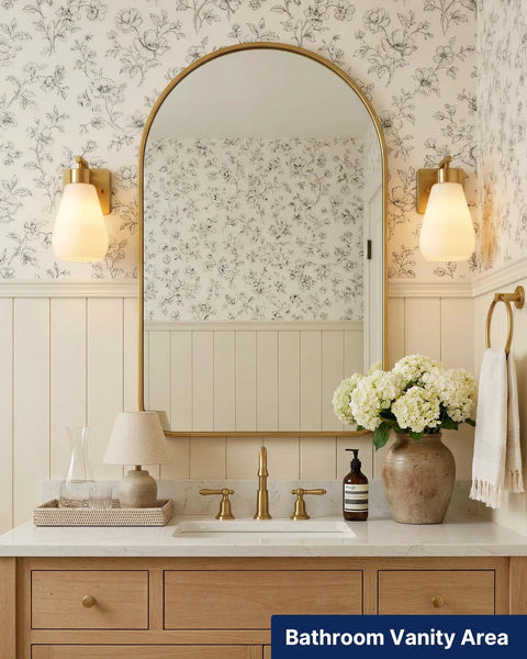 FLSNT Wall Sconces Set of 2, Hardwired E26 Wall Lighting, Modern Polished Gold Vanity Light with Frosted White Glass Shade illuminating a bathroom vanity.