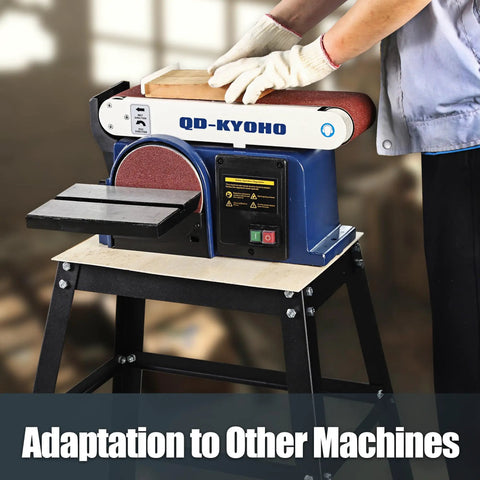 Pro Grade Stand For 10 Inch Band Saw, Heavy Duty Steel Frame Weighing 12.5 Lbs, Lightweight Yet Rugged, Non Slip Feet For Rock Solid On Site Stability, Easy To Carry Anywhere, Perfect For Pros And DIY Projects supporting a sanding machine in use.