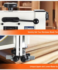 Heavy Duty 10 Inch Bandsaw For Woodworking With 1/2 Hp Motor And Dual Speed Up To 3280 FPM showing blade tension adjustment and guides.
