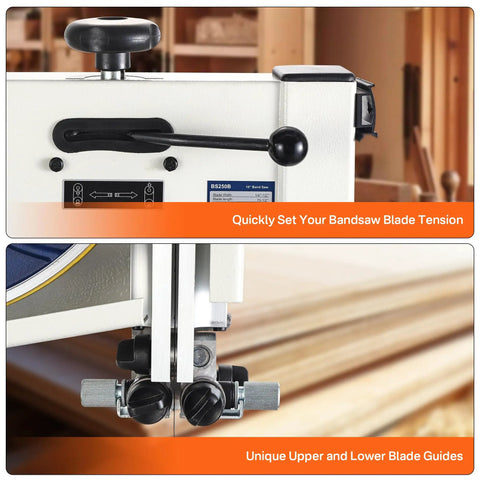 Heavy Duty 10 Inch Bandsaw For Woodworking With 1/2 Hp Motor And Dual Speed Up To 3280 FPM showing blade tension adjustment and guides.
