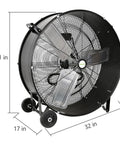 30 Inch Beastly High Velocity Drum Fan with wheels and measurements for industrial workshops and warehouses. 2 speed, 13000 CFM.
