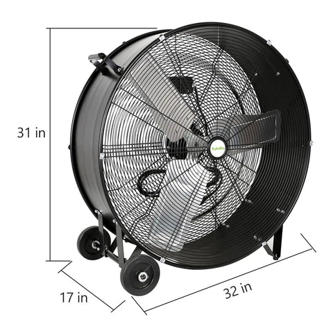 30 Inch Beastly High Velocity Drum Fan with wheels and measurements for industrial workshops and warehouses. 2 speed, 13000 CFM.