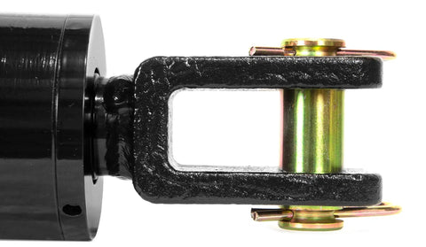 Clevis Hydraulic Cylinder With Four Inch Bore And Eight Inch Stroke Double Acting Steel Welded Design 3000 PSI Two Inch Rod SAE Eight Port Three Quarter Inch UNF Threads Connects To Hydraulic Hose Retracts From Eighteen To Twenty Six Inches close-up of clevis end