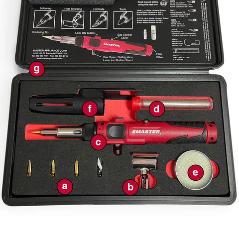 Cordless Butane Soldering Iron Kit With Portable Station Lead-Free Solder Included, Self Igniting And Adjustable Temperature 680F To 820F displayed in case