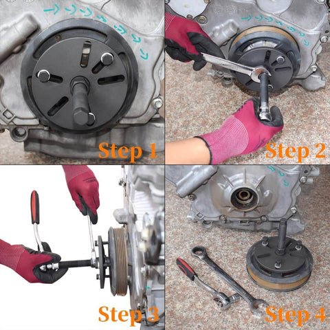 59 Piece Harmonic Balancer Puller And Installation Tool Kit With Flywheel Remover And Crankshaft Pulley Removal Set in use