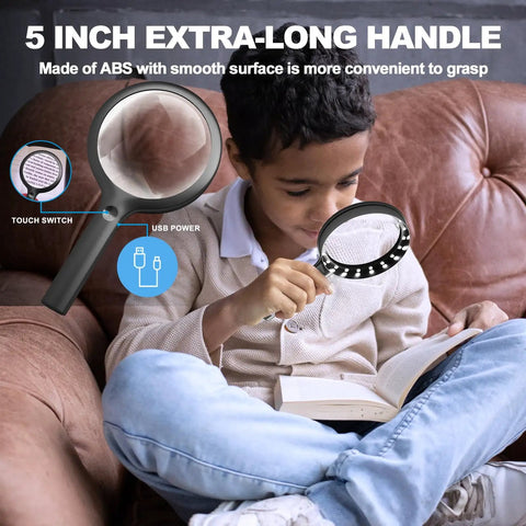 Child using 30X Rechargeable Magnifier With Light, 4.33 Inch Large Handheld LED Magnifying Glass With 20 Daylight LEDs And 3 Gear Dimming for reading.