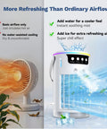 White 4 In 1 Personal Portable AC Cooler With Ice Water Mist next to traditional fan, highlighting cooling difference, quiet use.