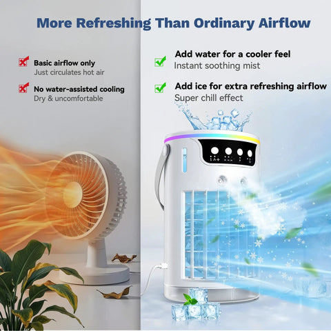 White 4 In 1 Personal Portable AC Cooler With Ice Water Mist next to traditional fan, highlighting cooling difference, quiet use.