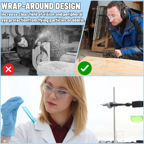 Image of Massive 110 Pair Bulk Kit Of Clear Safety Glasses For Men And Women Featuring Hella Reliable Impact Blocking Shields That Meet Ansi Z87 One Standards For No Sweat Heavy Duty Workplace Eye Protection in use by a woman in a lab and construction site.