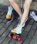 Two Piece Toe Guards For Roller Skates, Artificial Leather Protectors For Quad Skates, Glitter Gold With Star Pattern, on white skates