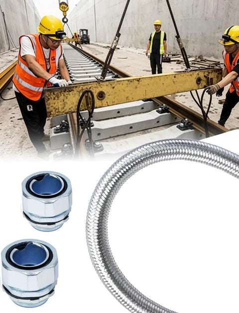 Built Tough Stainless Steel Flexible Conduit For Electrical Wiring And Hassle Free Cable Routing Featuring Heat Resistant Braided Armor in use at construction site.