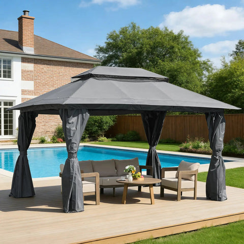 Outdoor Gazebo 10x13 With Mosquito Netting And Privacy Screens next to pool on wooden deck for backyard gatherings